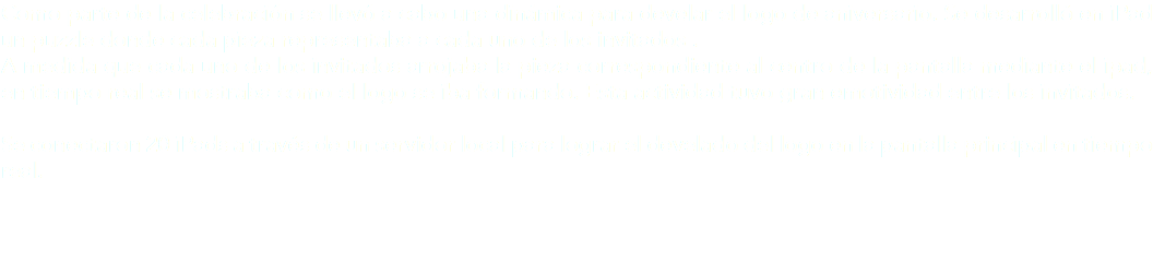Como parte de la celebración se llevó a cabo una dinámica para develar el logo de aniversario. Se desarrolló en iPad un puzzle donde cada pieza representaba a cada uno de los invitados .
A medida que cada uno de los invitados arrojaba la pieza correspondiente al centro de la pantalla mediante el ipad, en tiempo real se mostraba como el logo se iba formando. Esta actividad tuvo gran emotividad entre los invitados. Se conectaron 20 iPads a través de un servidor local para lograr el develado del logo en la pantalla principal en tiempo real. 